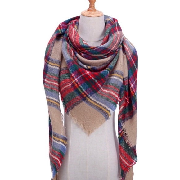 Classic Beige Plaid Blanket Scarf - Picture 2 of 3
